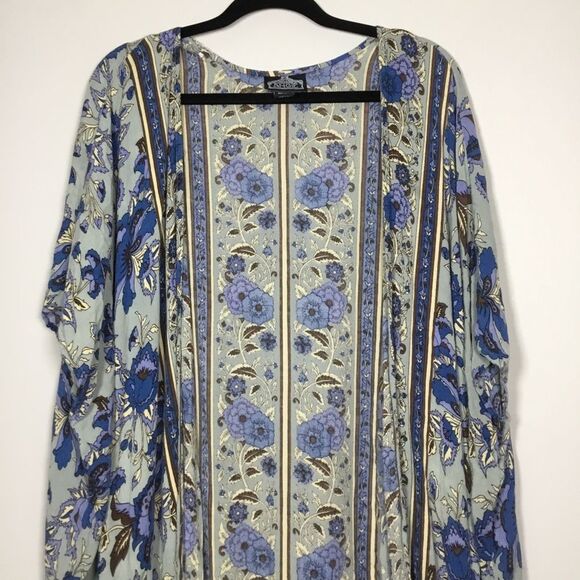 Floaty open front kimono duster blue flowers oversized size Small boho hippie - Picture 2 of 7